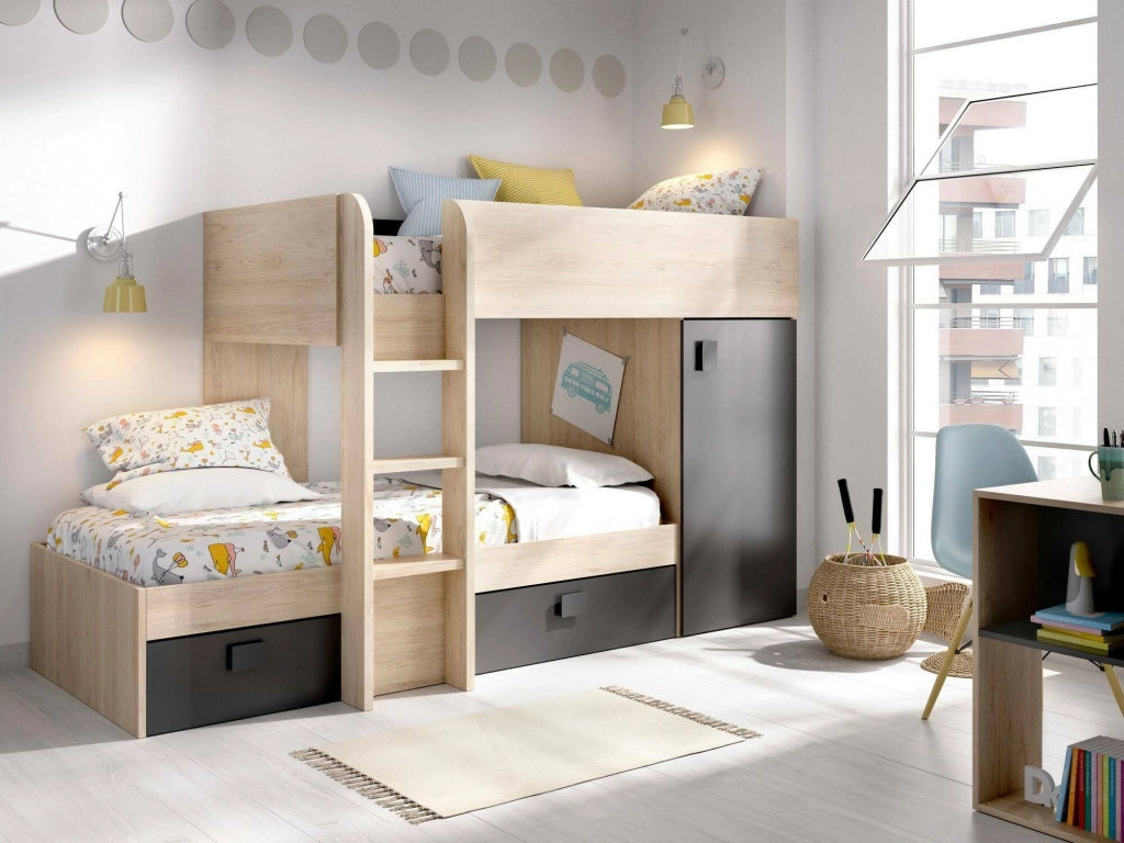 Letto per bambini Pax, Cameretta completa con armadio e cassetti, Composizione letto a castello con due lettini singoli, 255x112h150 cm, Rovere e Antracite