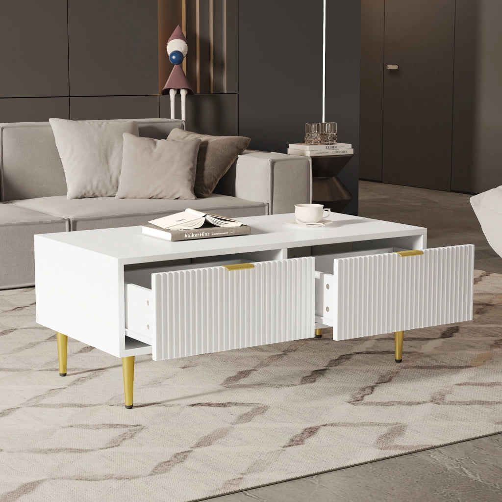 Tavolino da caffè bianco e oro con 2 cassetti; ripiano inferiore; MDF; 100x50x40 cm