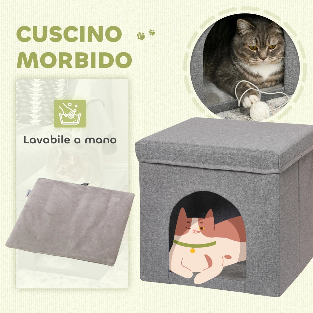 Casetta per Gatti Pieghevole a Cubo con Cuscino e Tappetino Tiragraffi. 36.5x36.5x36.5 cm. Grigio