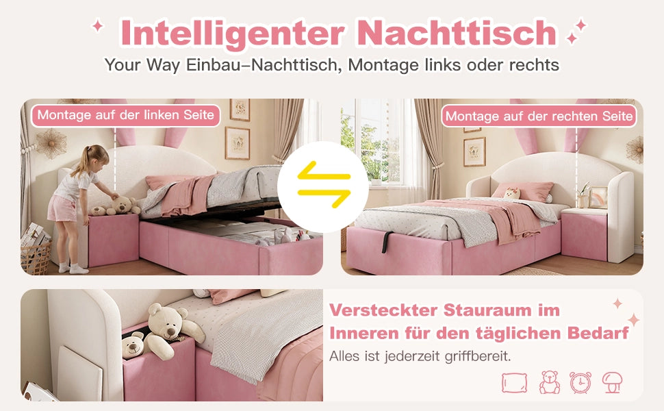 Letto per bambini 90 × 200 cm con contenitore idraulico, comodino reversibile, senza materasso, velluto, beige e rosa