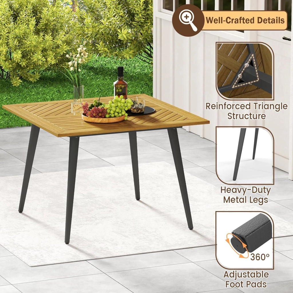 Tavolo da pranzo quadrato per giardino, tavolo in legno di acacia con foro dell'ombrellone da 5 cm e gambe in metallo, 107 x 107 x 75 cm, per balcone, terrazza