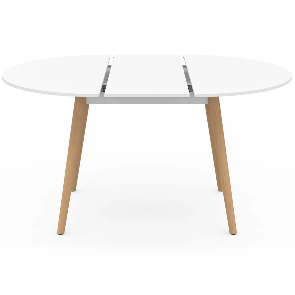 IDMarket - Tavolo da pranzo rotondo allungabile ANGELA bianco con gambe in legno 110 - 150 cm e set di 4 sedie SARA bianche