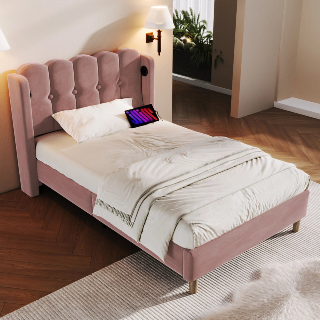 Letto imbottito 90x200 cm con ricarica USB e Type-C; velluto rosa (Senza materasso)