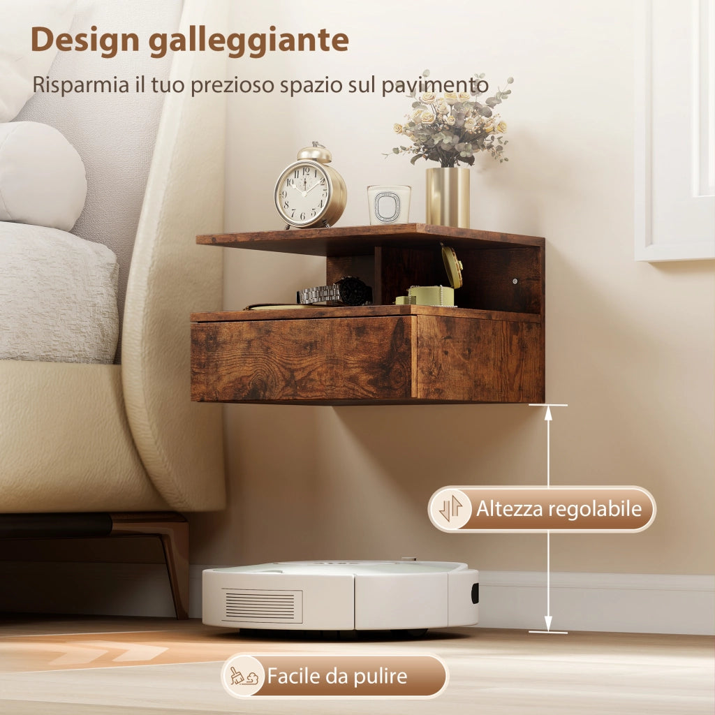 Set di 2 Comodini Sospesi con Cassetto e Mensola Aperta, 35x32x22.5 cm, Marrone Rustico