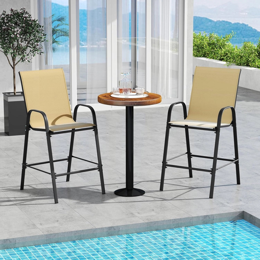 Set di 2 sgabelli da bar esterni, seggiolone con schienale e braccioli, sedia da bistrot in tessuto di carico 150 kg, per giardino, balcone, terrazza, 62 x 76 x 130 cm, beige
