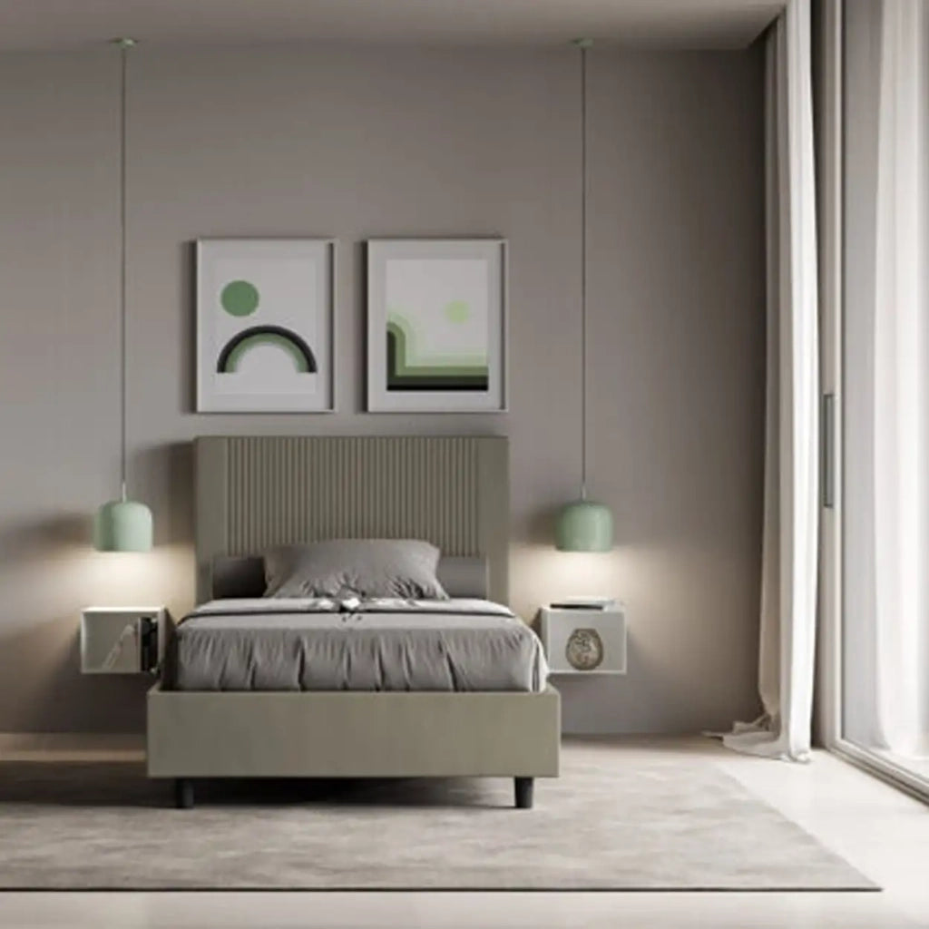 Letto una piazza e mezza contenitore imbottito 120x190 similpelle cappuccino Goya