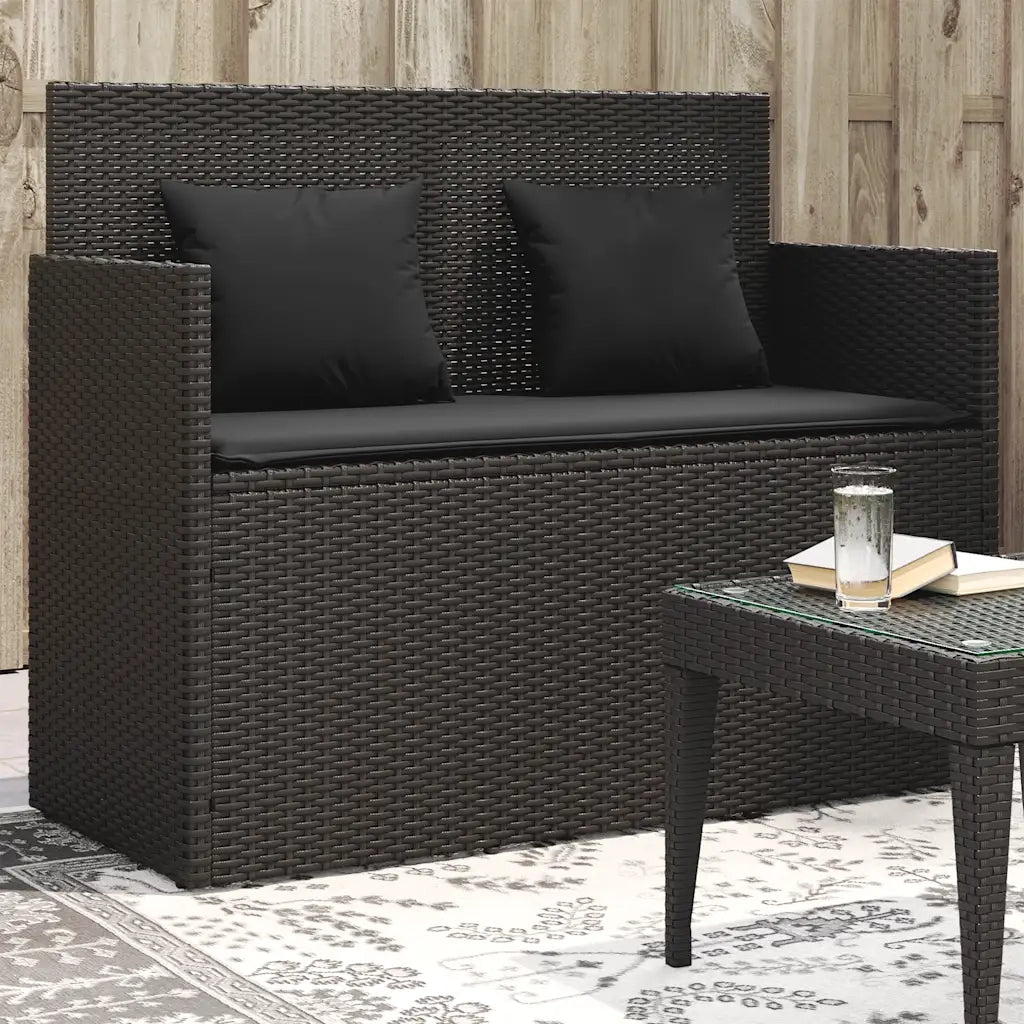 Panca da Giardino con Cuscini-Sgabello-Panca da esterno Nera in Polyrattan 540942