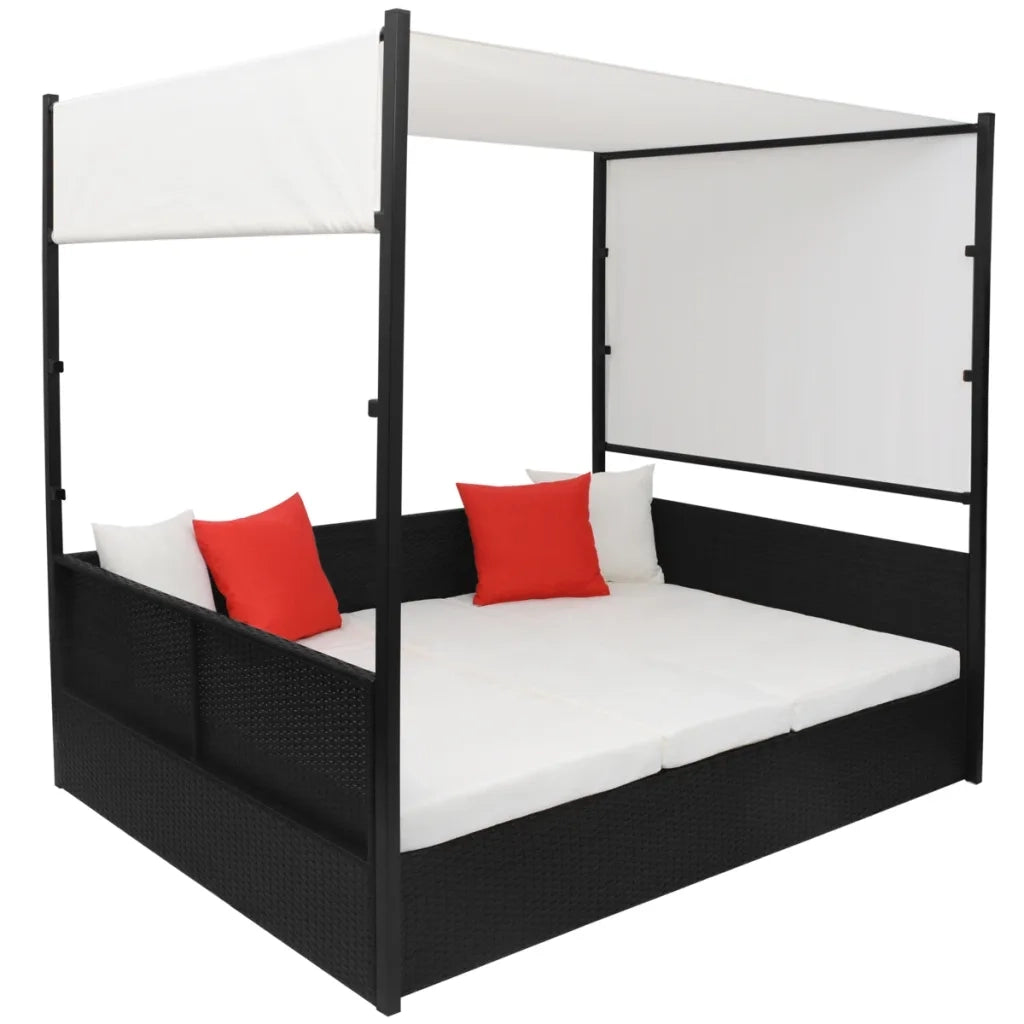 Lettino da Giardino con Tetto Nero 190x130 cm in Polyrattan 42901