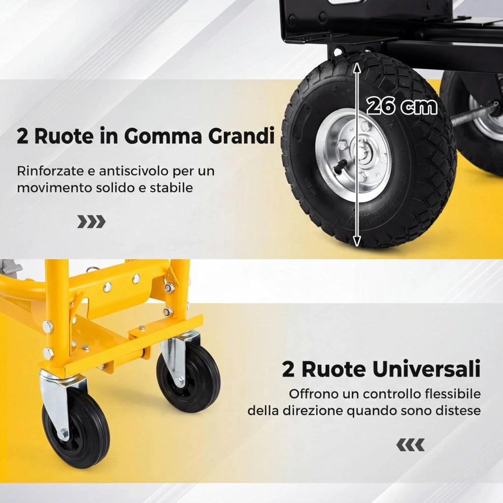 Carrello a Mano 3 in 1, Carrello Pieghevole Trasportatore in Acciaio con Ruote in Gomma Pneumatiche e Manico Ergonomico, Carico 136 kg, per Uso Domestico, Industriale e Magazzino