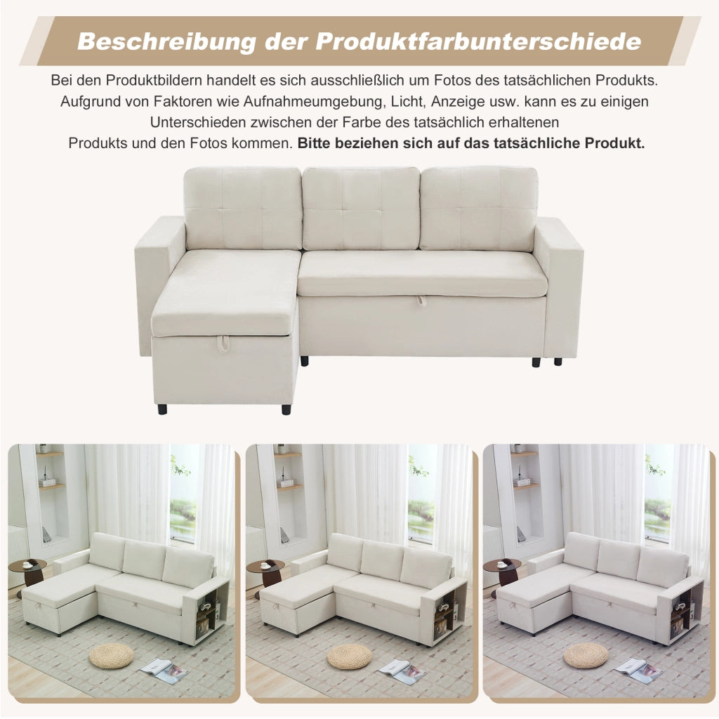 Divano ad angolo con contenitore e chaise longue reversibile in chenille beige per soggiorno 202 × 136 × 85 cm
