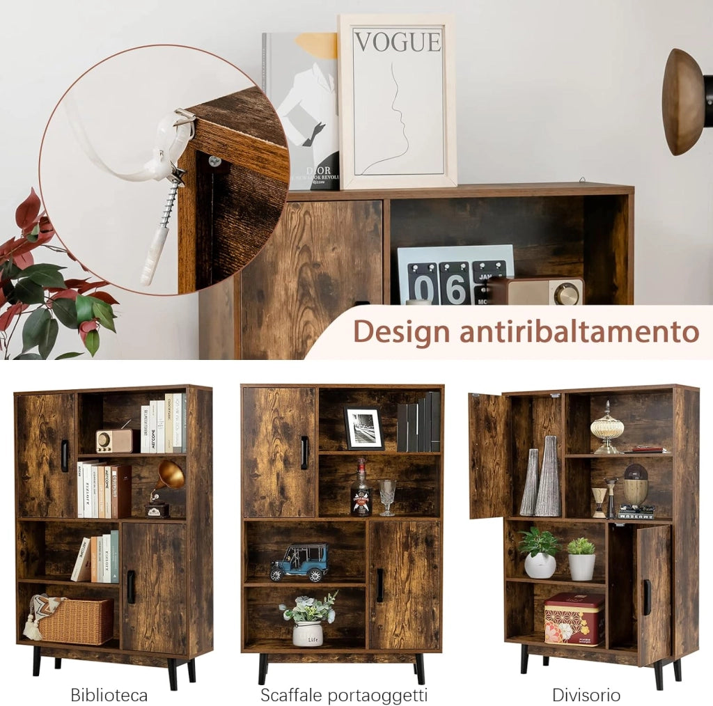 Libreria di Legno a 4 Livelli, Libreria con 2 Ante, 4 Mensole Aperte, Gambe in Legno di Gomma, Cuscinetti Antigraffio e Dispositivo Antiribaltamento, 80 x 24 x 119,5 cm (Caffè)