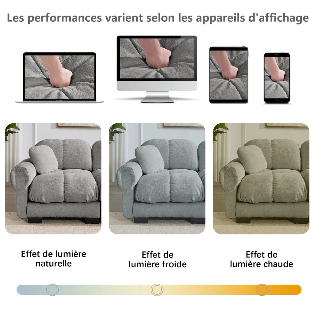 Divano 2 posti in Chenille grigio chiaro con cuscini spessi e design modulare per soggiorno