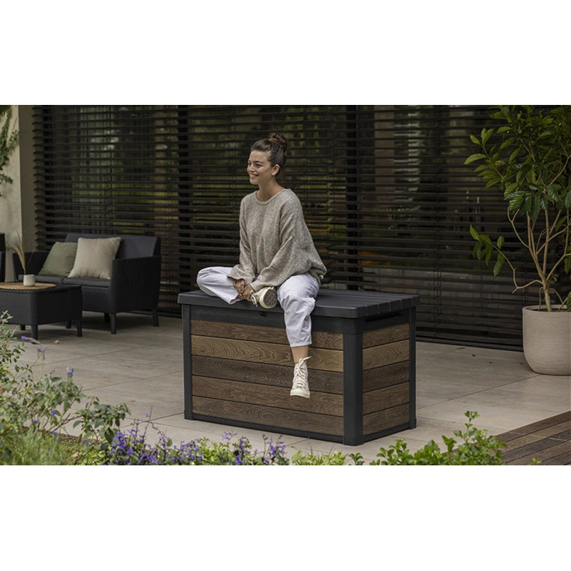 Baule da Giardino con Seduta Keter Deco 100G Walnut 380L - Effetto Legno 122,9x62,1x70,6 - Keter