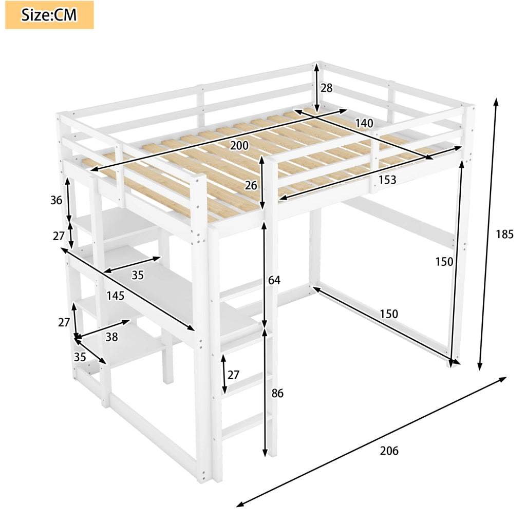 Letto a soppalco 140x200 cm in pino con scrivania e 4 ripiani