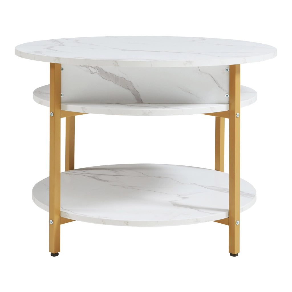 Tavolino da Caffè Kandas con Piano Rotondo Sollevabile (ØxA): 70x49 cm - Effetto Marmo Bianco [en.casa]