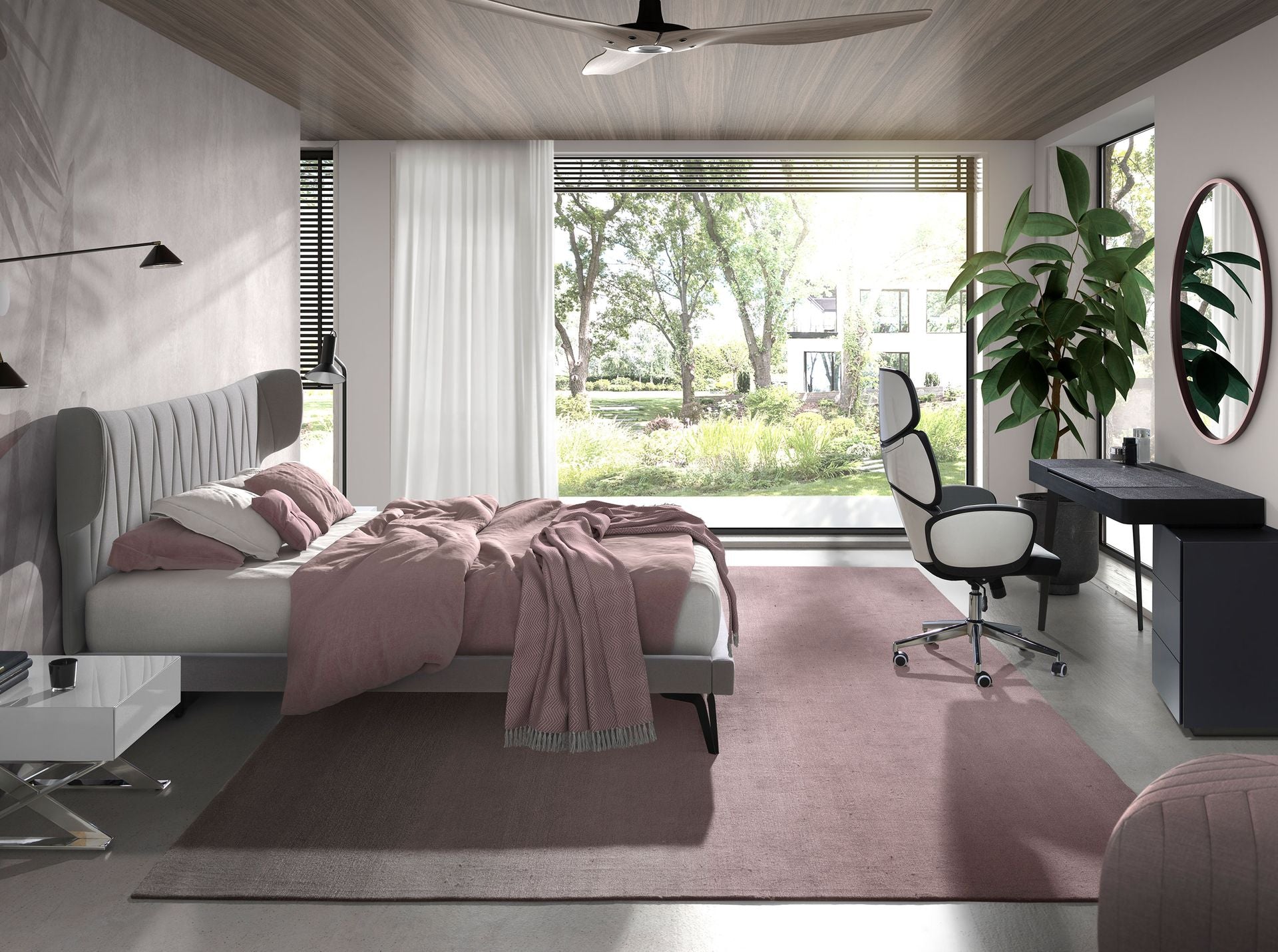 Sedia girevole da ufficio in tessuto grigio chiaro e pvc bianco lucido