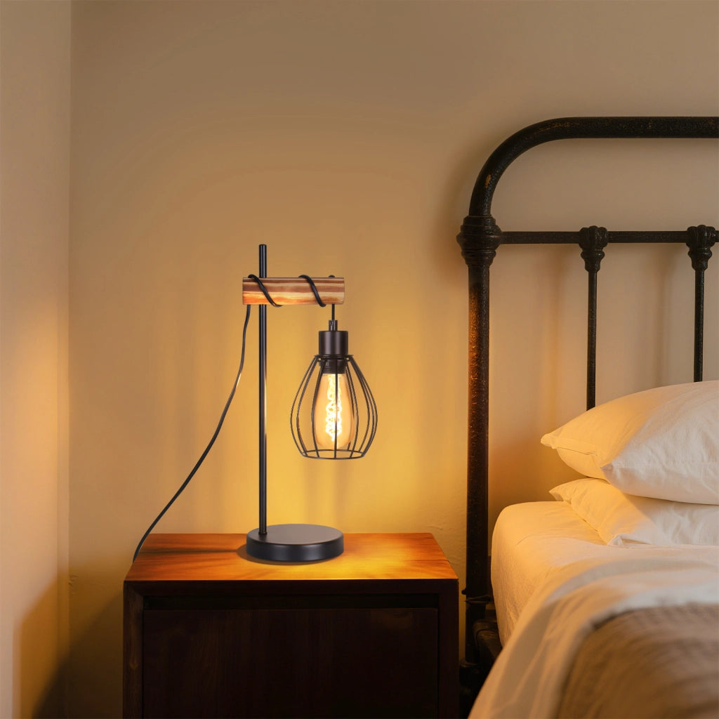 ZMH Lampada da tavolo vintage legno nero industriale metallo E27 senza lampadina per soggiorno ufficio