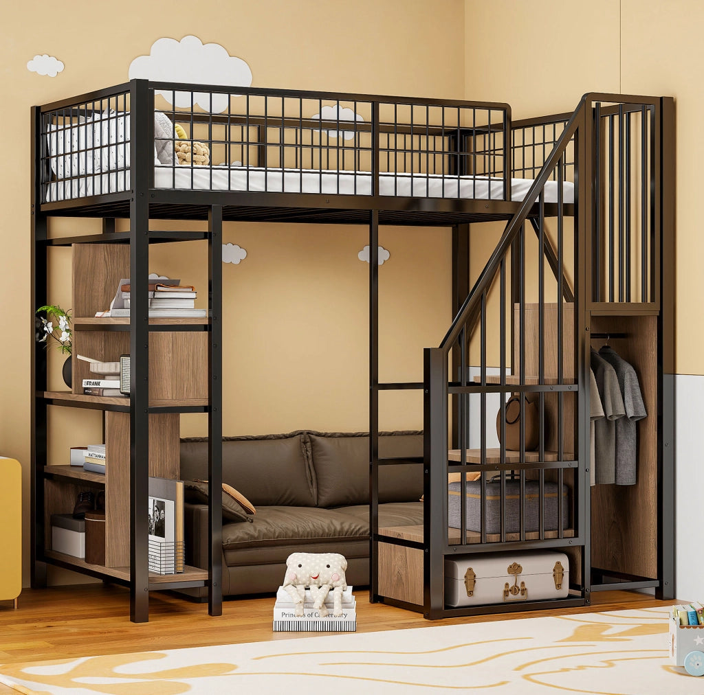 Letto a soppalco 90x200 cm con scala contenitore; struttura in metallo e legno; nero