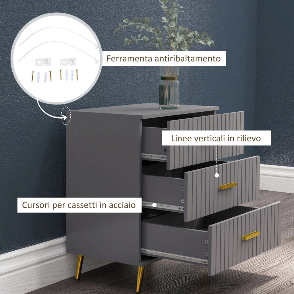 Cassettiera 3 Cassetti Design Moderno 60x40x71,5 cm in Legno e Alluminio Oro e Grigio Scuro