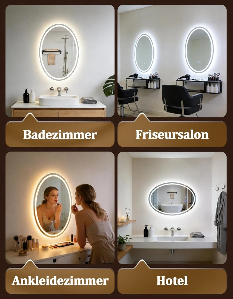 ZMH Specchio da bagno ovale con illuminazione LED 50x70 cm a parete IP44 touch antiappannamento dimmerabile 3000K-6500K
