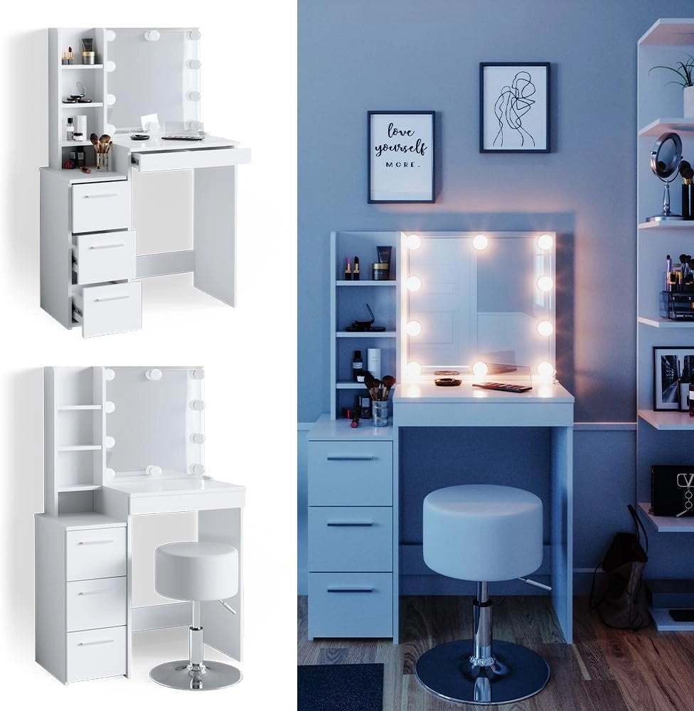 Tavolo da toeletta Meryl, Bianco, 80 cm con illuminazione LED e sgabello, adatto per truccarsi, acconciarsi e conservare cosmetici