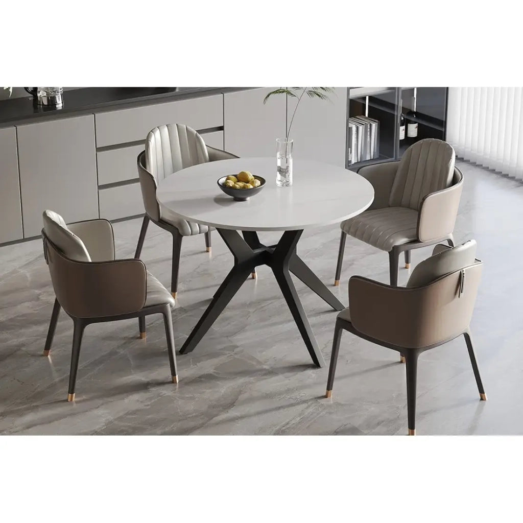 Tavolo da pranzo rotondo ARVENA – 110 cm – Piano in pietra sinterizzata – Colore bianco – Design metallo elegante