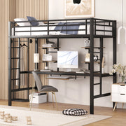 DESMIU Letto A Soppalco Singolo con Scrivania, 2 Scaffali e Scala 90 × 200 cm, Senza Materasso, Metallo Nero