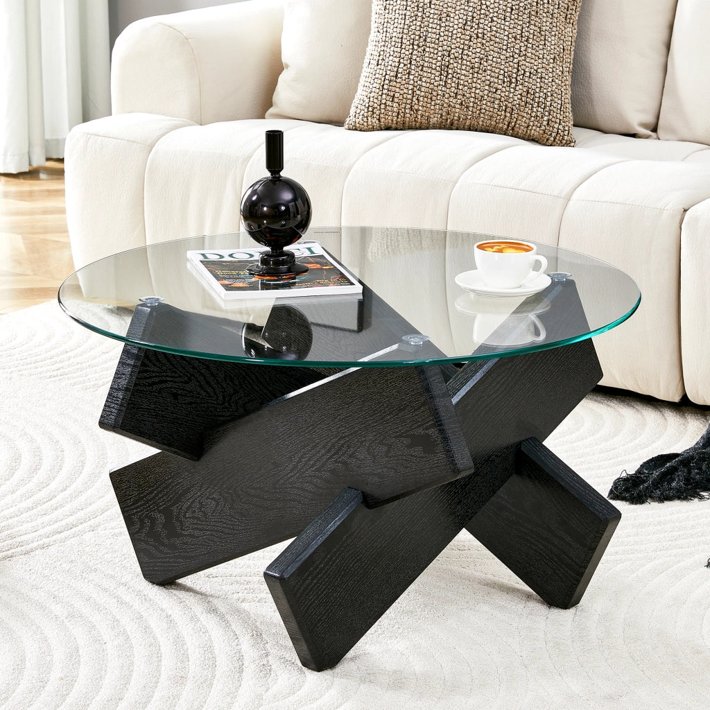TAVOLO DA CAFFÈ Rotondo 79 cm MDF e Vetro Nero/Trasparente