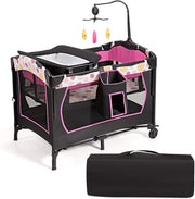 3 in 1 Lettino da Campeggio per Bambini, Culla per Neonati con Materasso Pieghevole, Fasciatoio, Giocattoli e Ruote, Box per Bambini 0-36 Mesi, 107 x 72 x 119 cm (Rosa)
