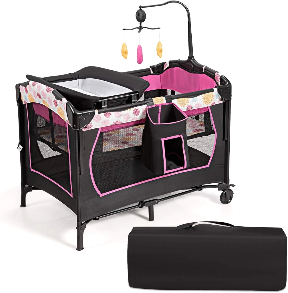 3 in 1 Lettino da Campeggio per Bambini, Culla per Neonati con Materasso Pieghevole, Fasciatoio, Giocattoli e Ruote, Box per Bambini 0-36 Mesi, 107 x 72 x 119 cm (Rosa)