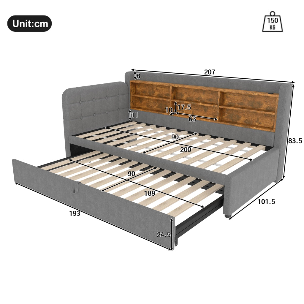 DESMIU Letto estraibile 90 × 200 cm e 180 × 200 cm 1 piazza con USB, Type-C e vani, senza materasso, grigio
