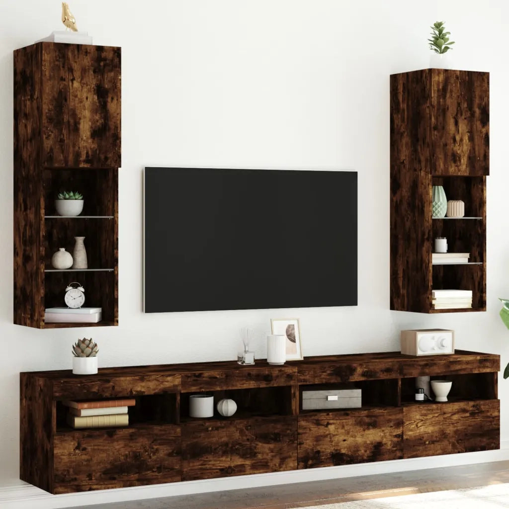 Mobili Porta TV con Luci LED 2 pz Rovere Fumo 30,5x30x102 cm