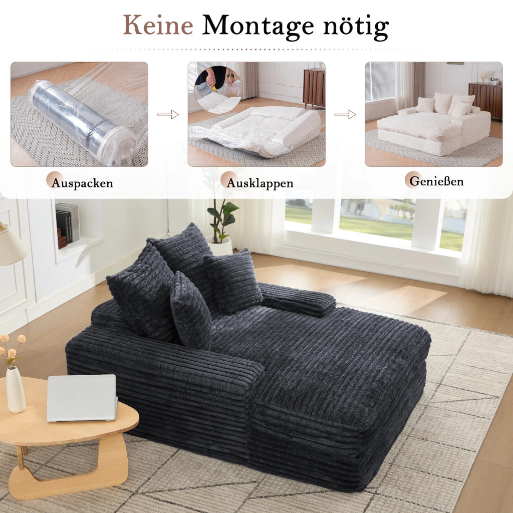 Chaise longue relax con 4 cuscini sfoderabili lavabili design ergonomico senza montaggio in velluto a coste grigio