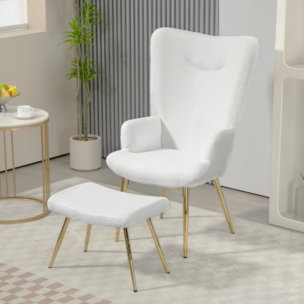 Poltrona con pouf ¨C Zephmum ¨C Bianco, Sherpa, metallo dorato