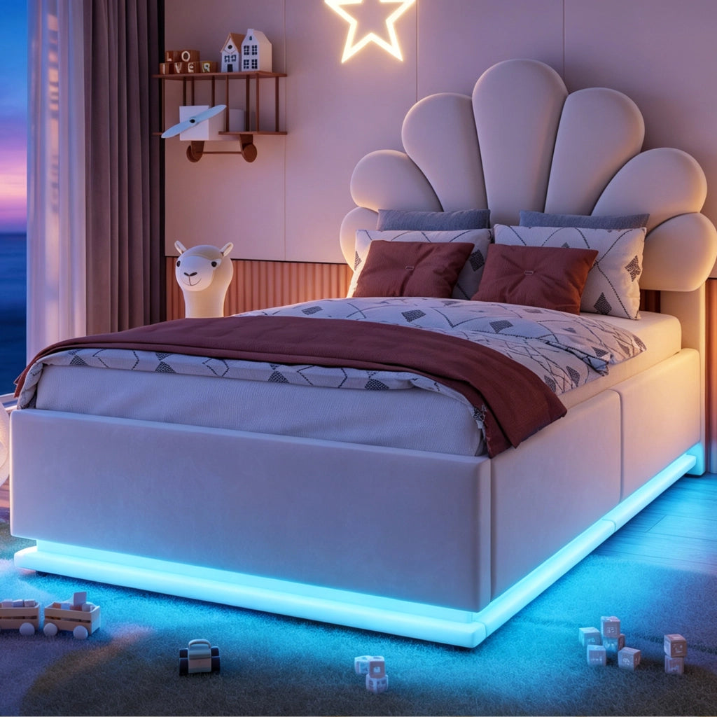 Letto Contenitore 90x200 cm; con LED e Contenitore Idraulico in Velluto Beige