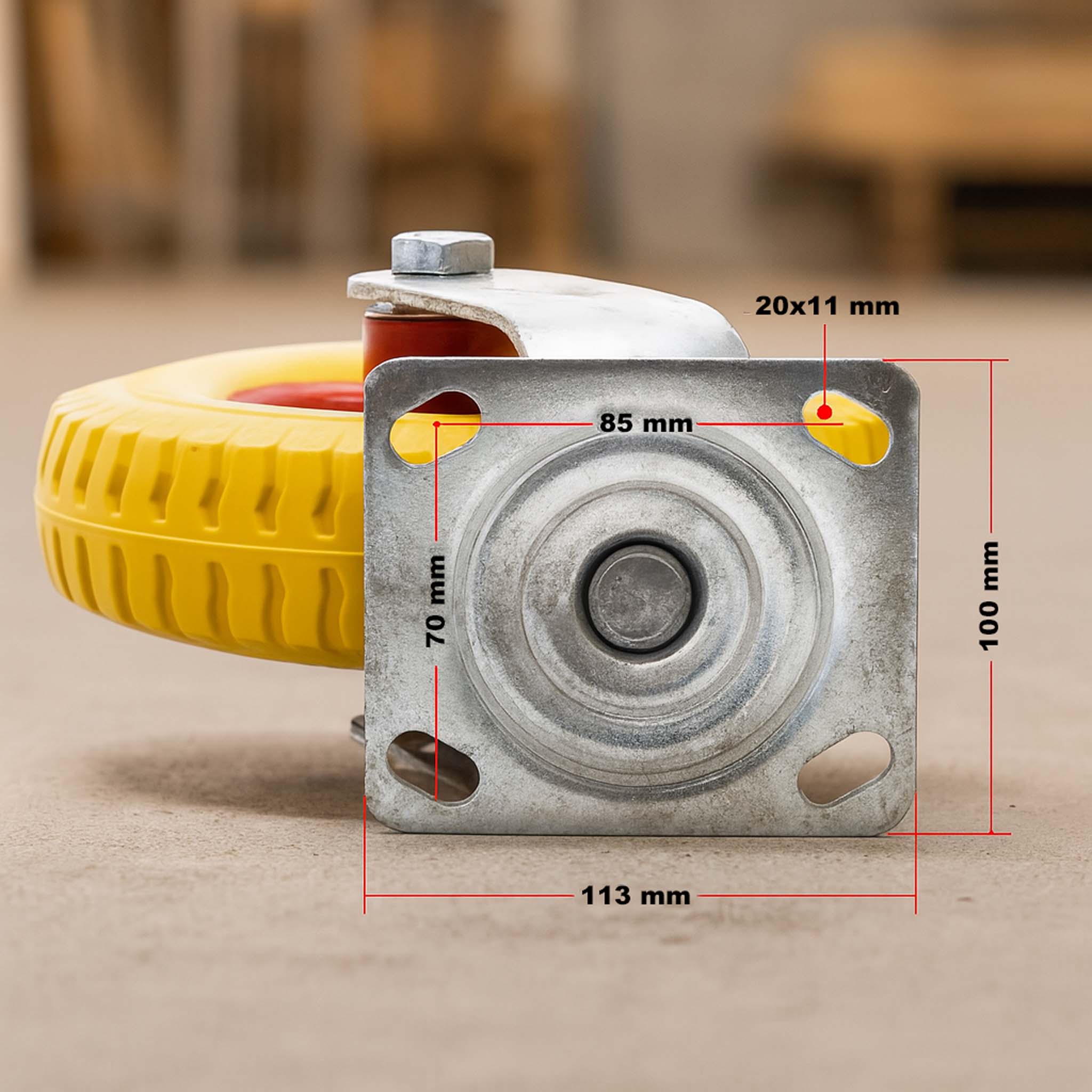 Set 4 ruote girevoli da trasporto, antiforatura, 220x58 mm, 100 kg/ruota, con piastra di montaggio