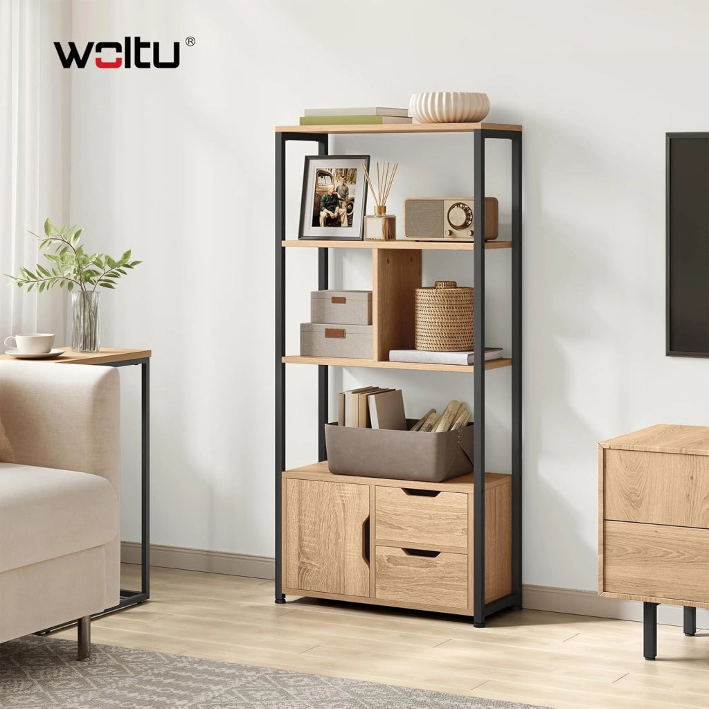 Libreria Moderna Design, 58 x 24 x 122 cm, Scaffale per Libri CD, con Cassetti e Ante, in Legno e Metallo, Rovere Chiaro RGB09hei