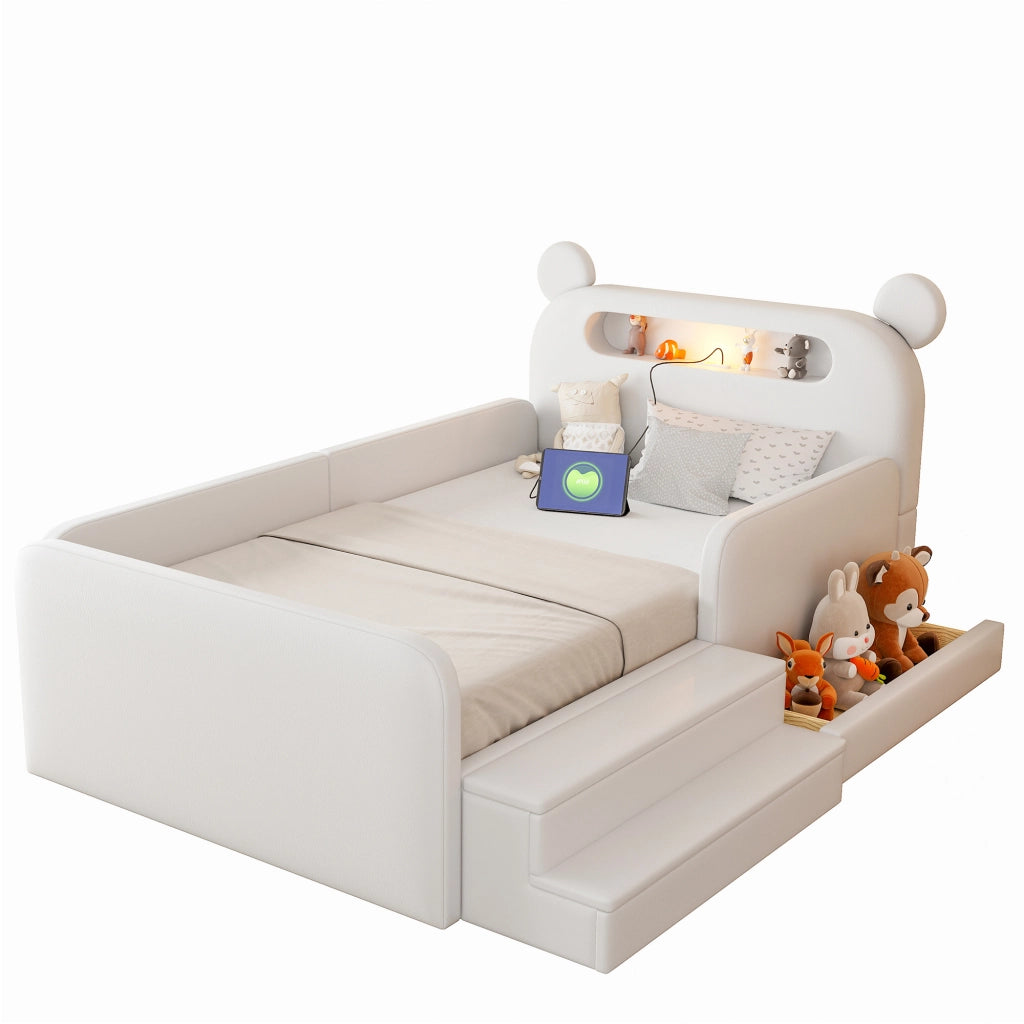 Letto per bambini 90 × 200 cm con contenitore, luce notturna USB e sponde, senza materasso, bianco
