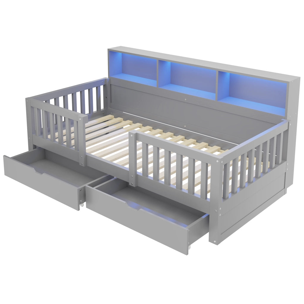 Letto per bambini singolo con barriera; 2 cassetti; ripiani e LED 90 × 200 cm; senza materasso