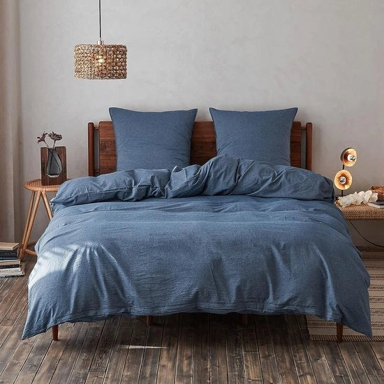 Cuscini e coperte, 2 pezzi, 100% cotone lavato, comfort di sonno morbido e accogliente, coperta di letto e 1 cuscino (135 x 200 cm, 1 x 80 x 80 cm, blu)