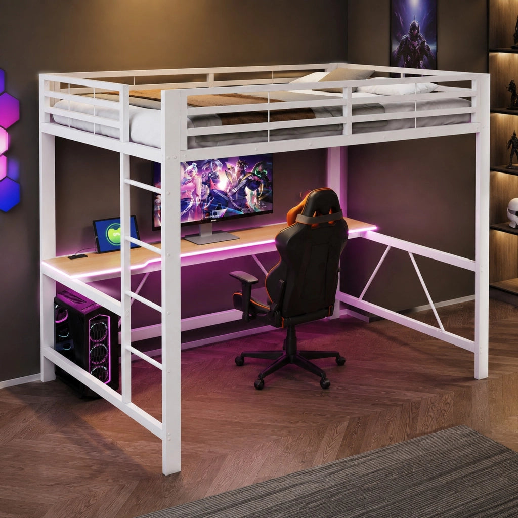Letto a soppalco 140x200 con scrivania e LED bianco