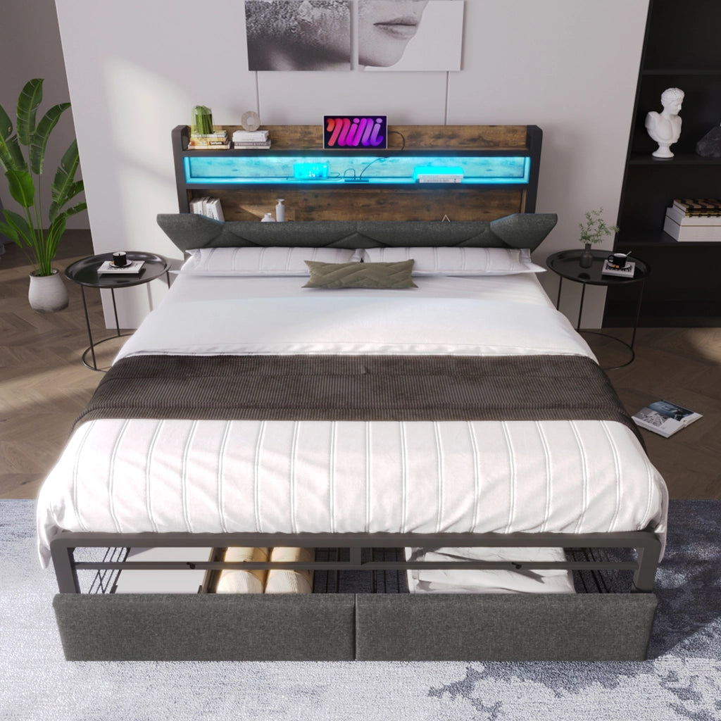LETTO matrimoniale 160x200 cm in lino grigio con testiera contenitore, LED e cassetti