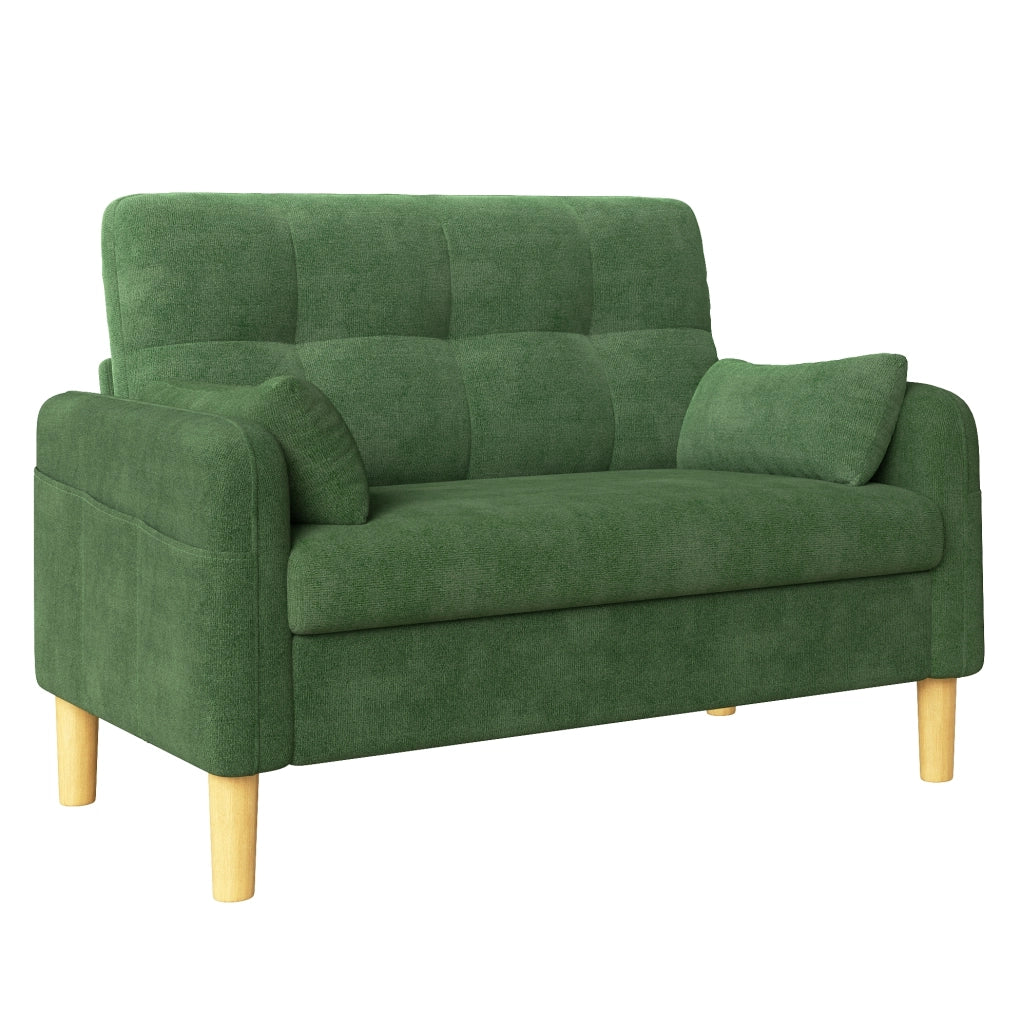 Divano modulare 2 posti in ciniglia verde con 2 cuscini e tasca laterale; 119 x 78 x 85 cm