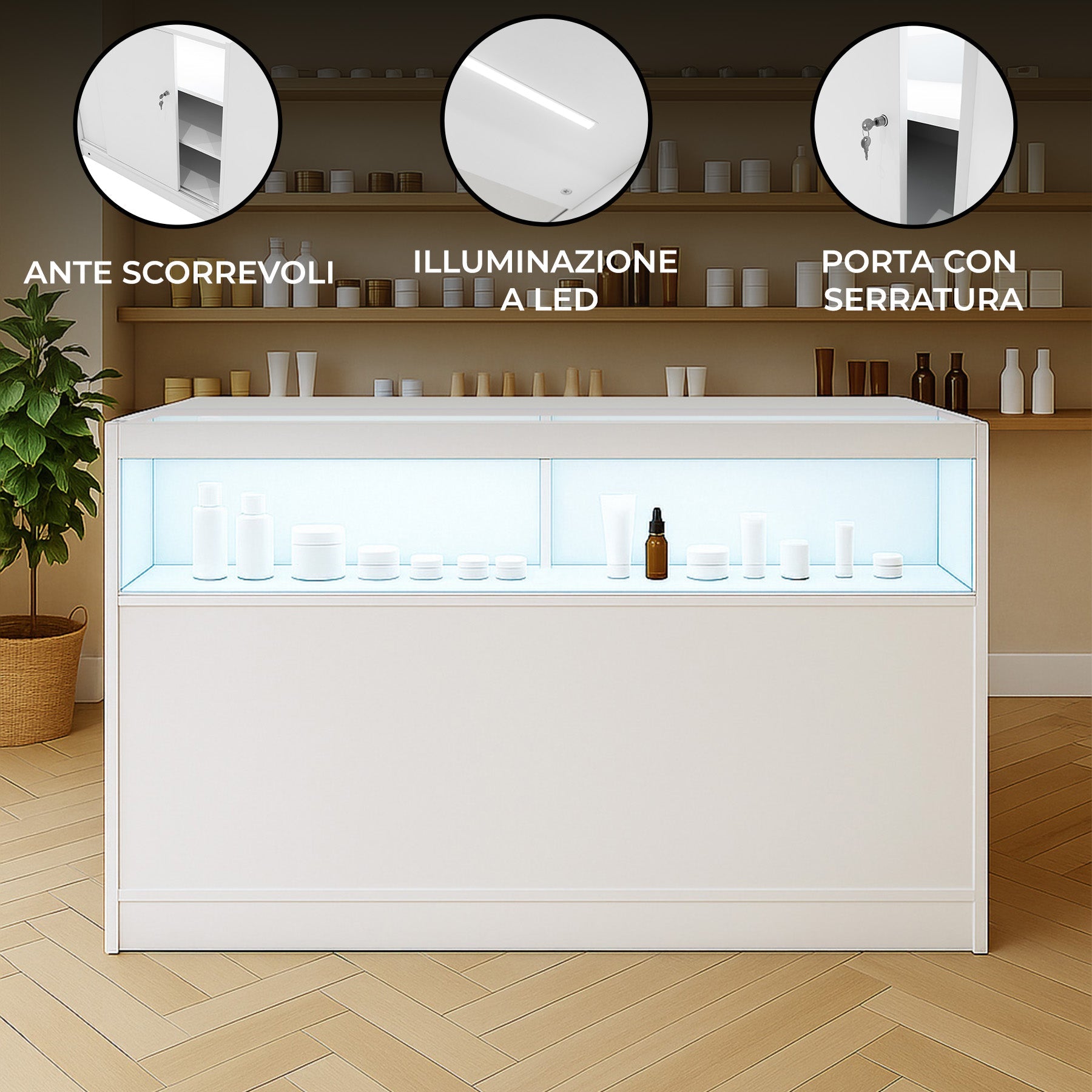 Bancone LED B1500 Bianco con 1 Ripiano a Vista e 2 Ripiani Chiusi