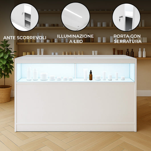 Bancone LED B1500 Bianco con 1 Ripiano a Vista e 2 Ripiani Chiusi