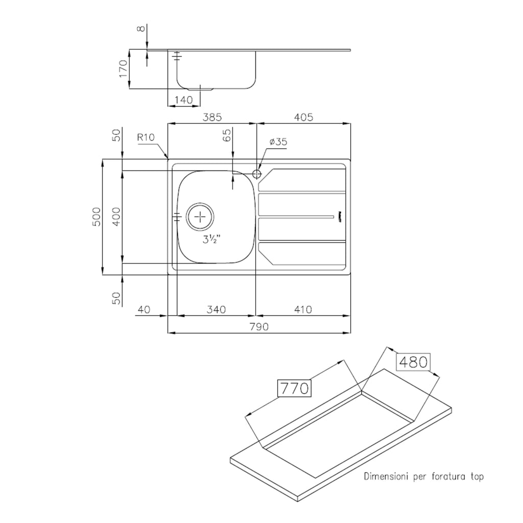 Lavello inox 1v dxsc. 79x50 inc.
