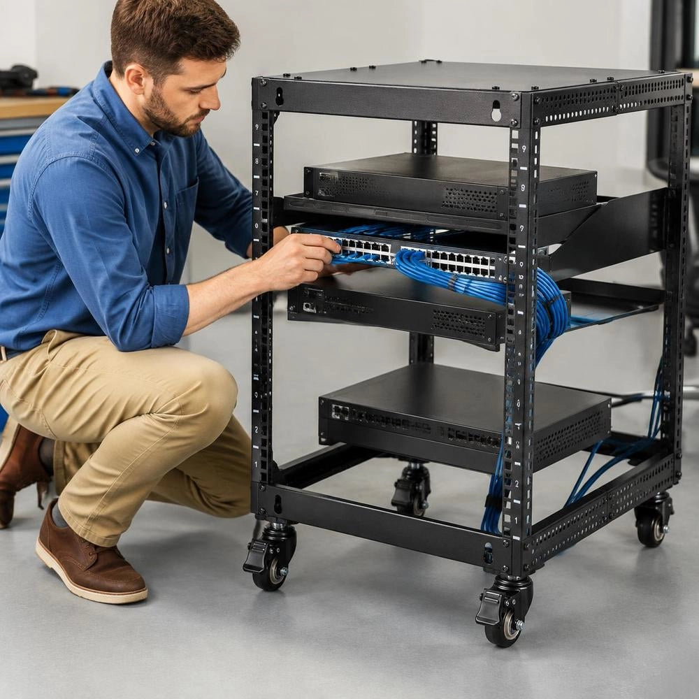 9U Open-frame Server Rack, Adjustable Depth From 23 To 40 Inches, Freestanding Or Wall-mountable, Network Server Rack With 360° Casters, Robust 4-post Mounting For All Your Network IT Equipment, AV Equipment And Routers