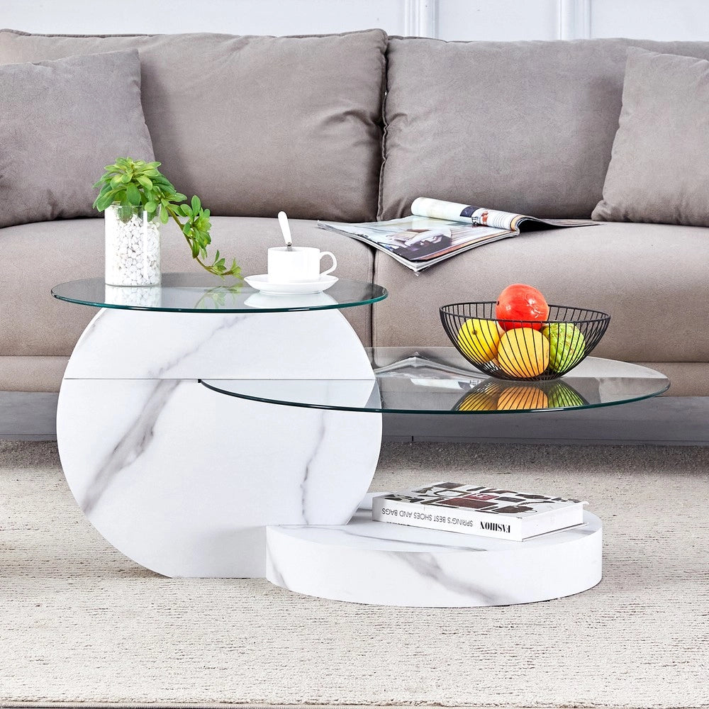 Tavolino da Caff¨¨ in Vetro Temperato e MDF ¨C MINIMAL ¨C Effetto Marmo Bianco, Design Moderno
