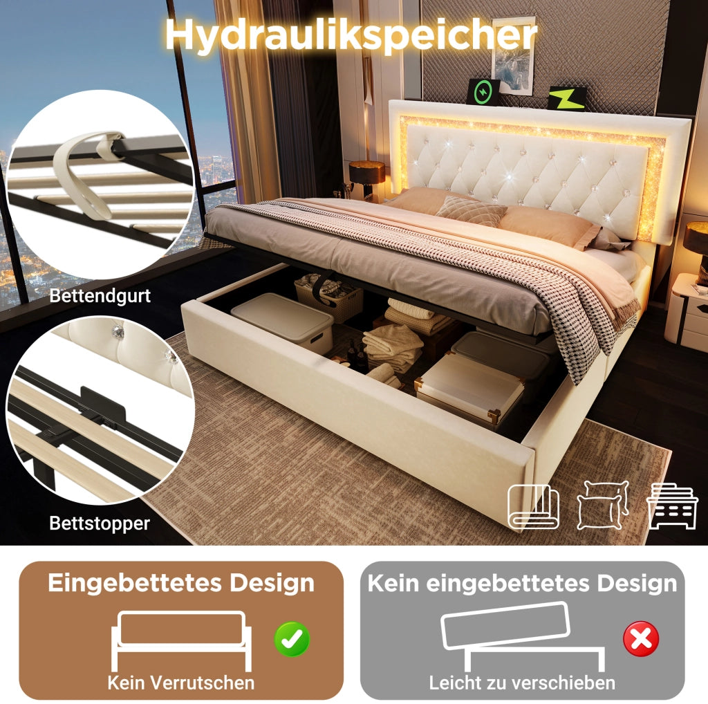 Letto matrimoniale 140x200 cm in velluto beige con LED, USB-C e materasso