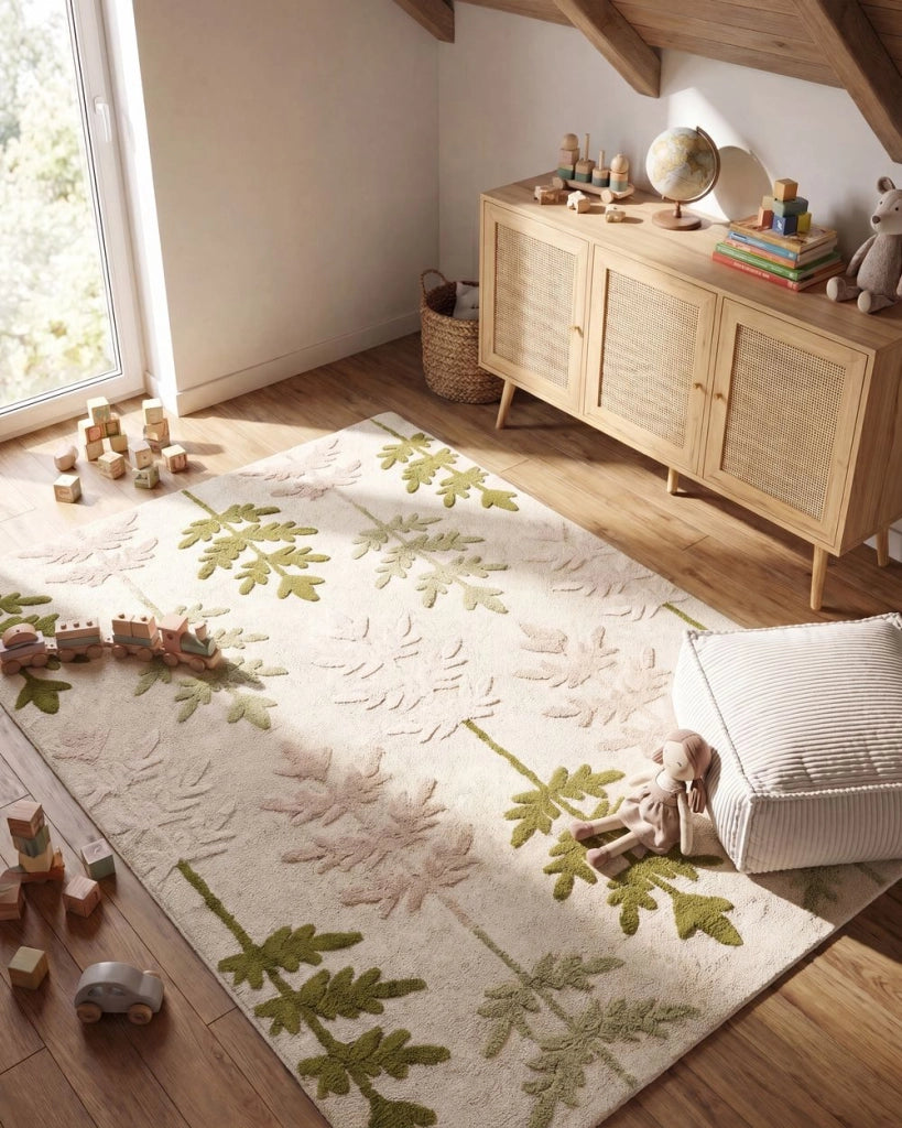 Tappeto in cotone 160 x 230 cm per bambini, rettangolare, beige e verde divertente cameretta